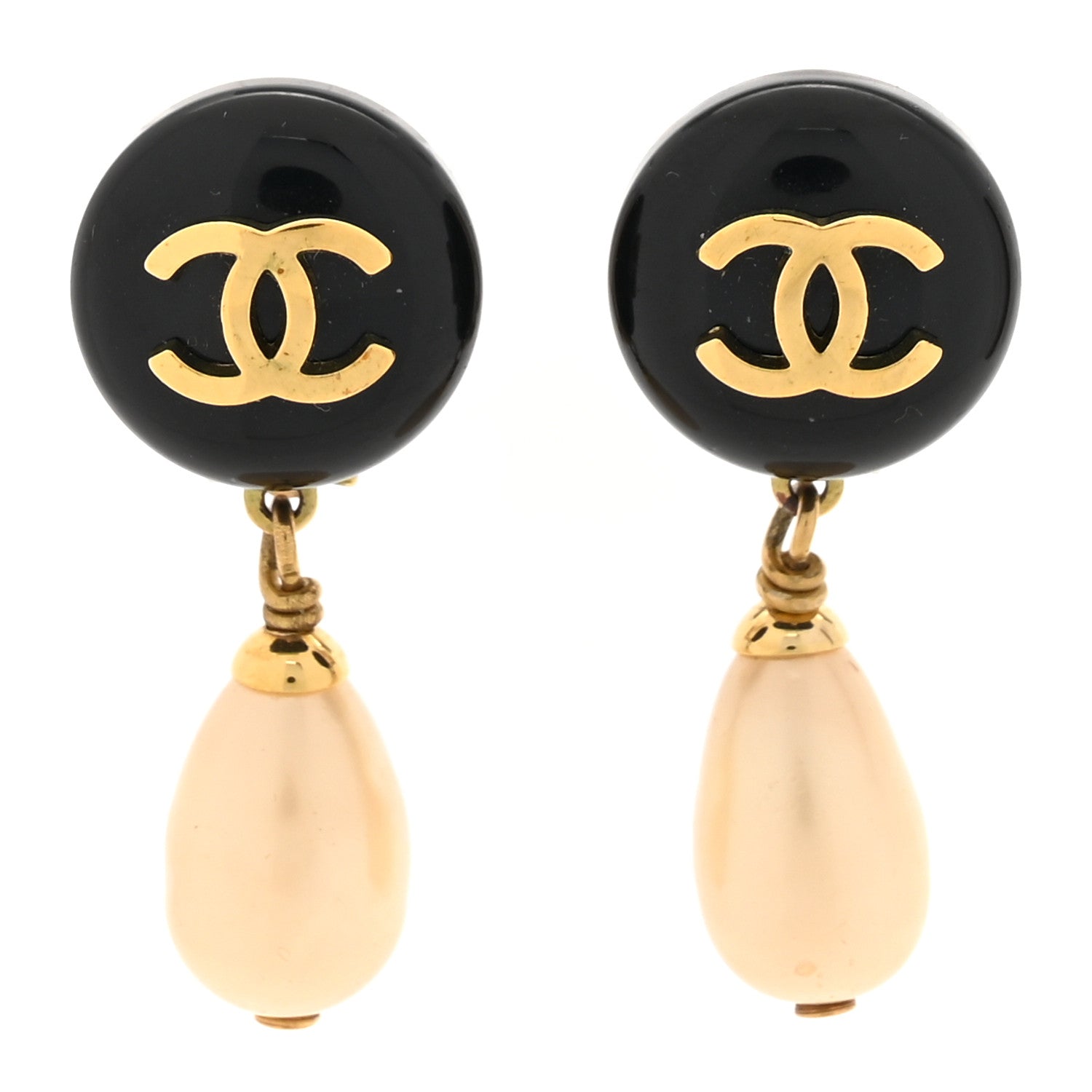 Chanel Resin Pearl CC Drop Clip On Earrings Gold Black White 1 of 4