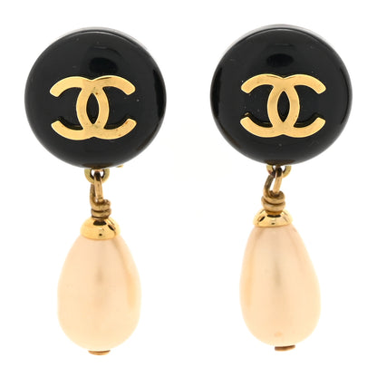 Chanel Resin Pearl CC Drop Clip On Earrings Gold Black White 1 of 4