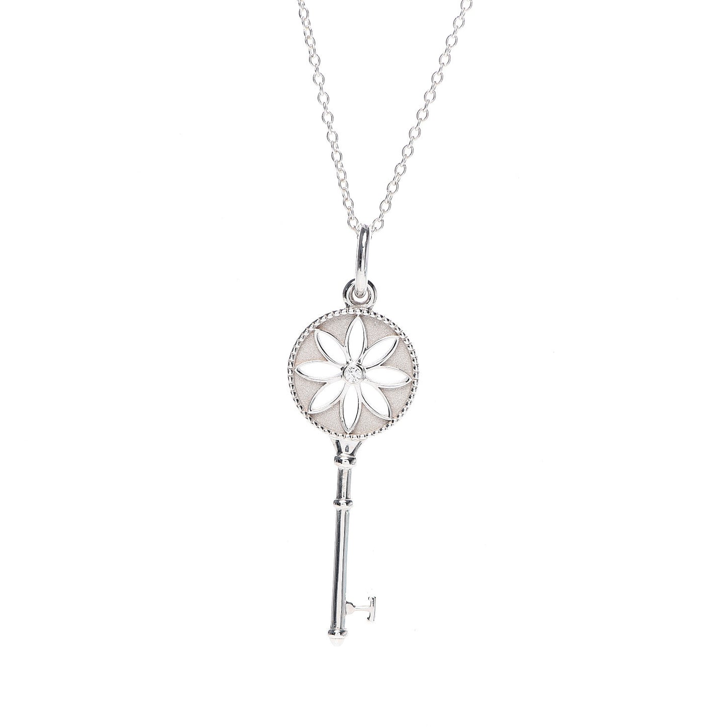 Sterling Silver Diamond Small Daisy Key Pendant Necklace