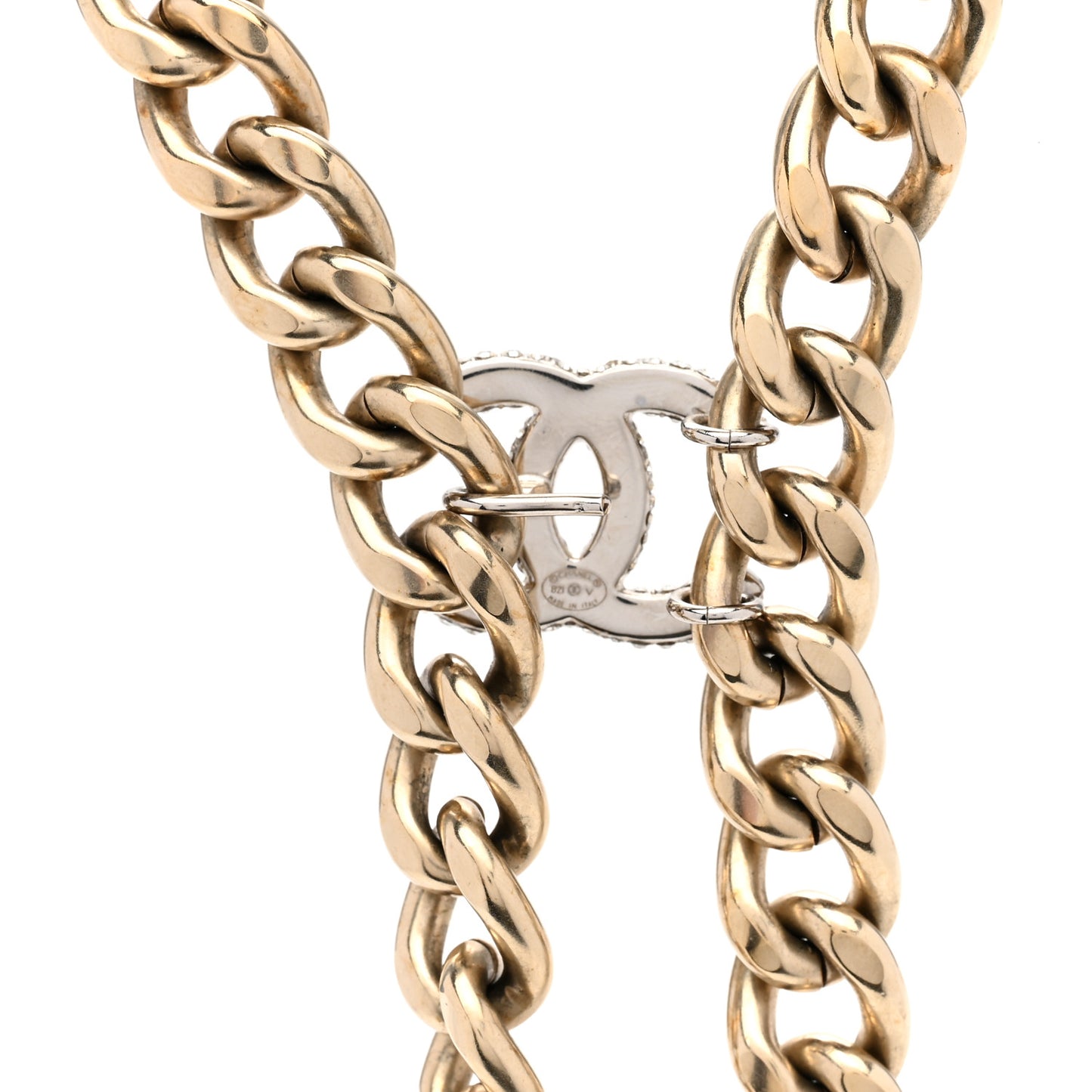 Chain Link Crystal CC Dog Tag Charm Necklace Gold