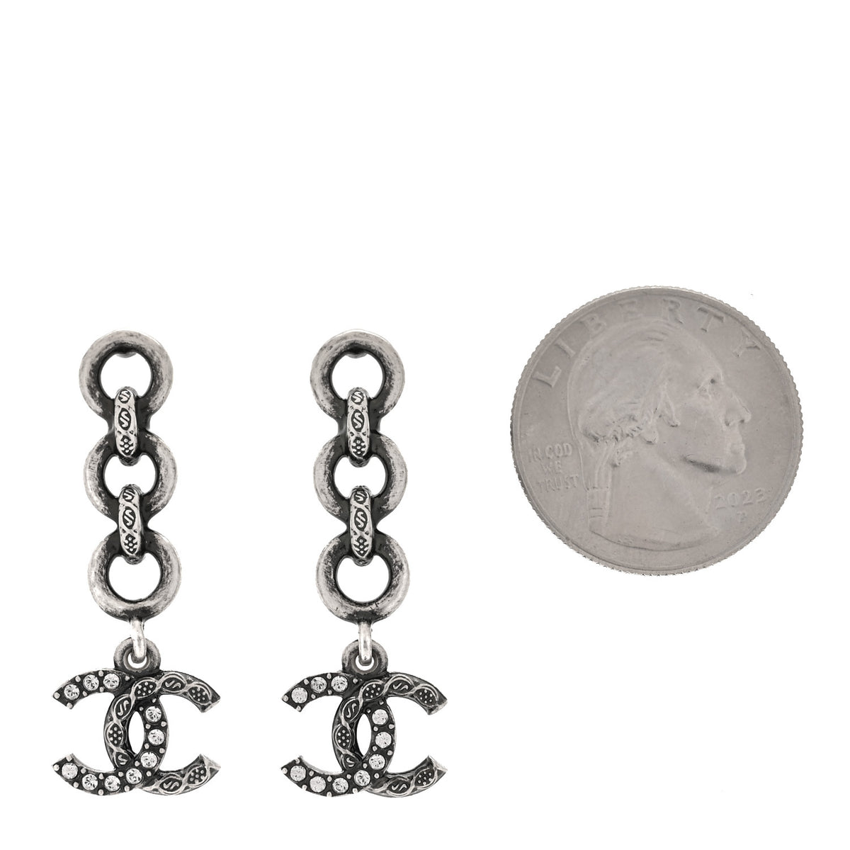 Chanel Crystal CC Chain Drop Earrings Silver 2 of 5