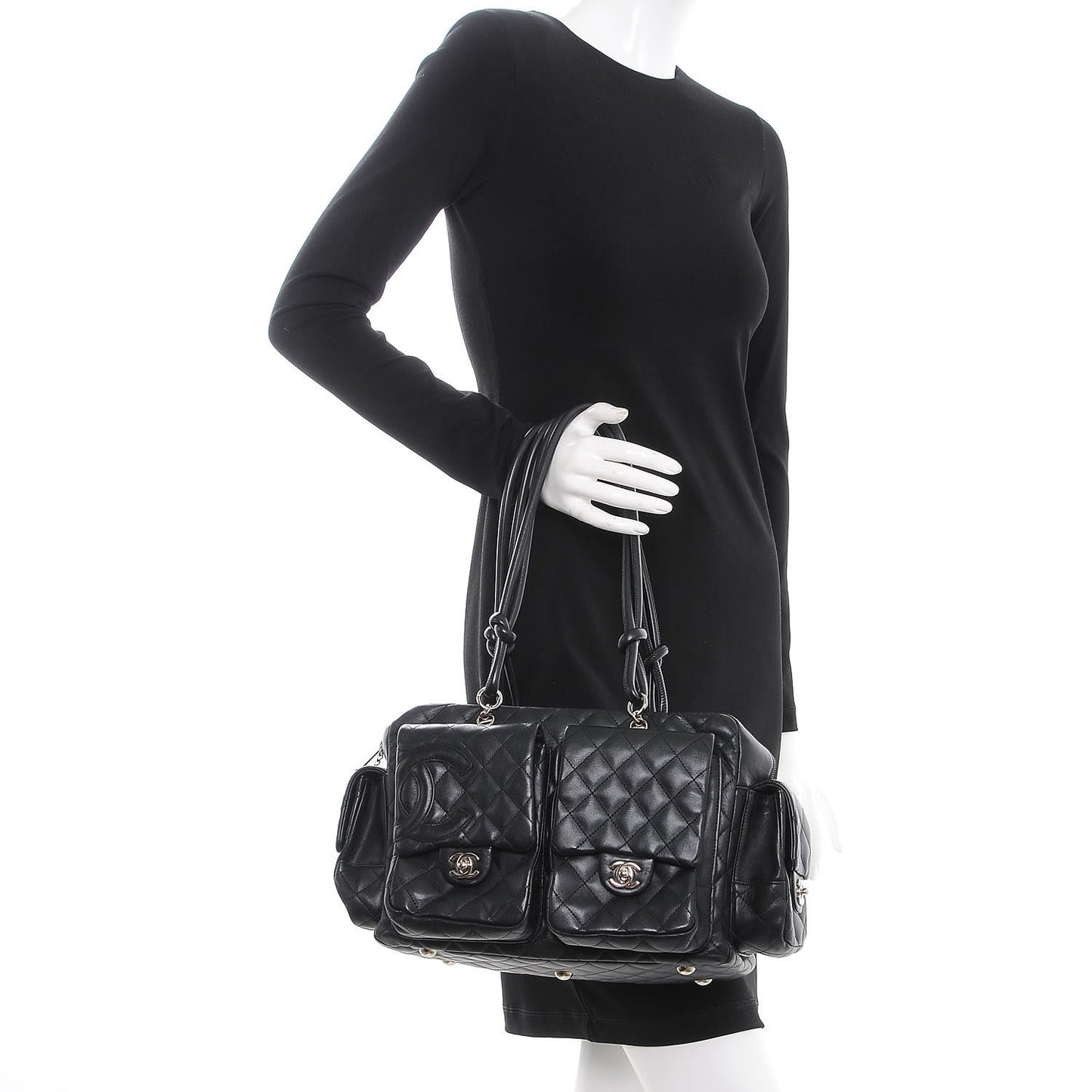 Calfskin Quilted Large Cambon Multipocket Reporter Black