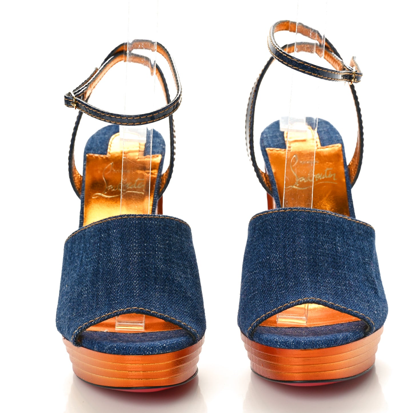 Denim Calfskin Mira Colunata 120 Sandals 36 Lin Brandy Gold