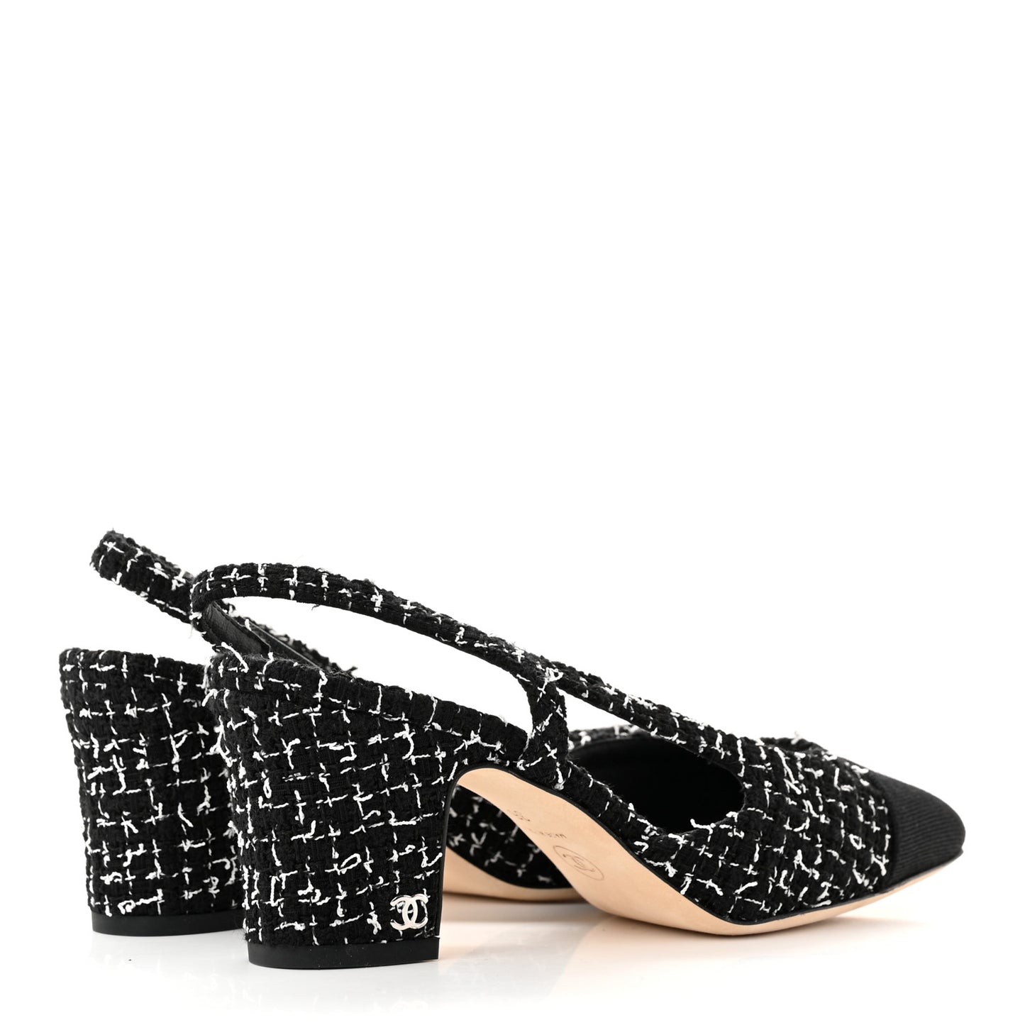 Tweed Grosgrain Cap Toe CC Slingback Pumps 36 Black White