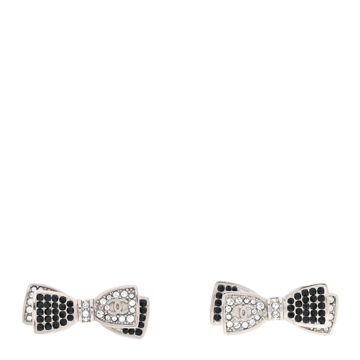 Chanel Crystal CC Bow Tie Earrings Black Silver 1 of 4