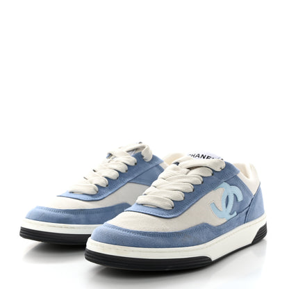 Chanel Suede Kidskin Womens CC Sneakers 38 White Blue 3 of 11