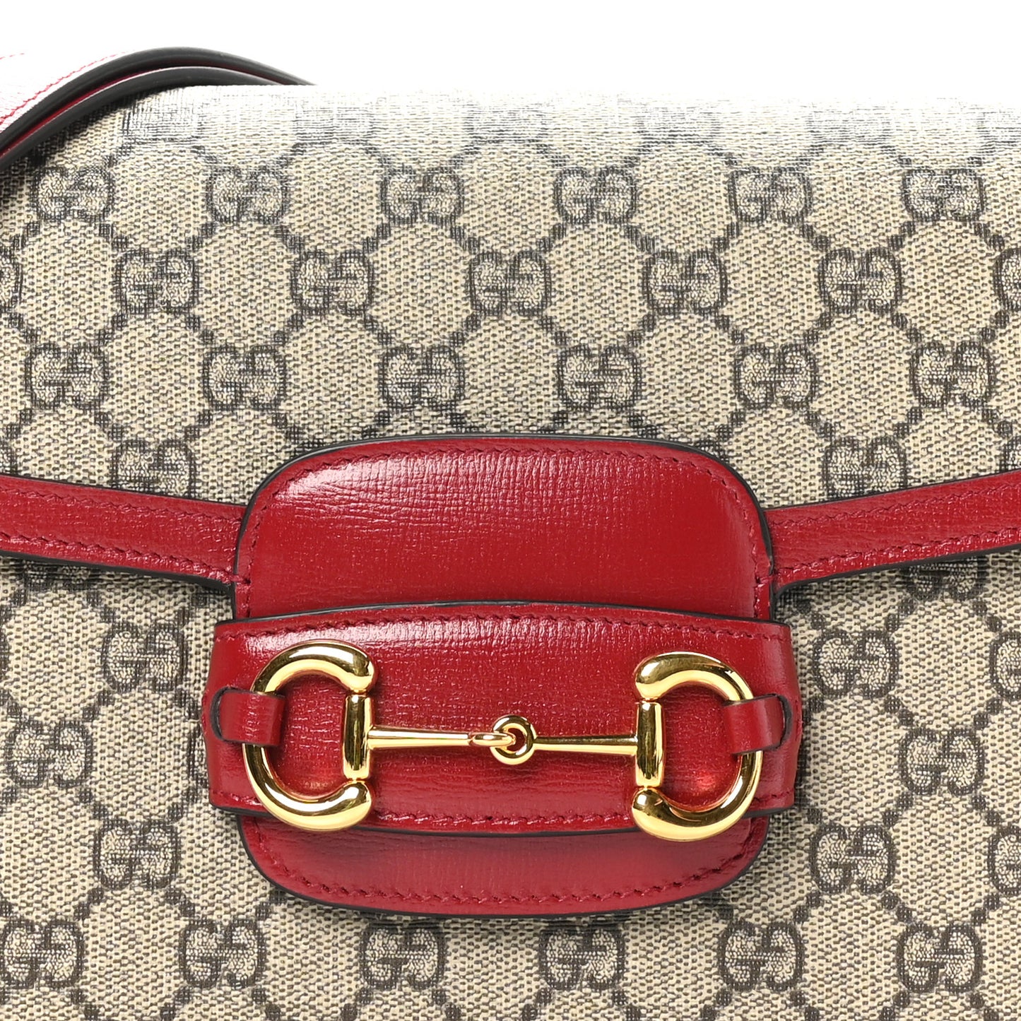 GG Supreme Monogram Azalea Calfskin Horsebit 1955 Shoulder Bag Beige Ebony New Cherry Red