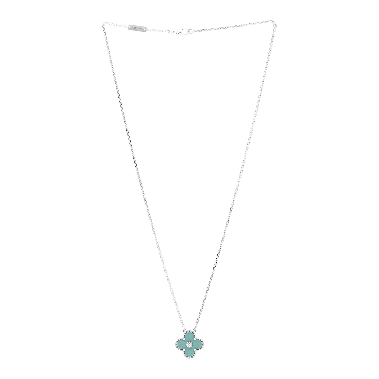 18K White Gold Diamond Celadon Green Sevres Porcelain Vintage Alhambra Pendant Necklace