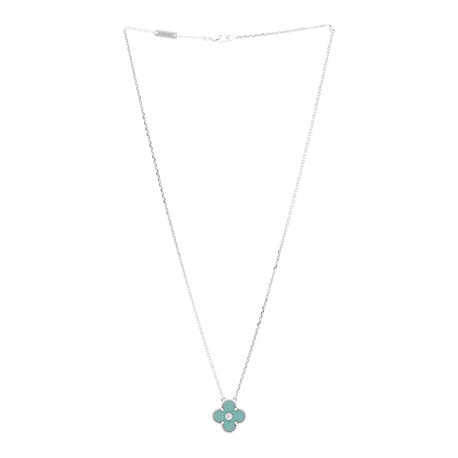 Van Cleef & Arpels 18K White Gold Diamond Celadon Green Sevres Porcelain Vintage Alhambra Pendant Necklace 3 of 6
