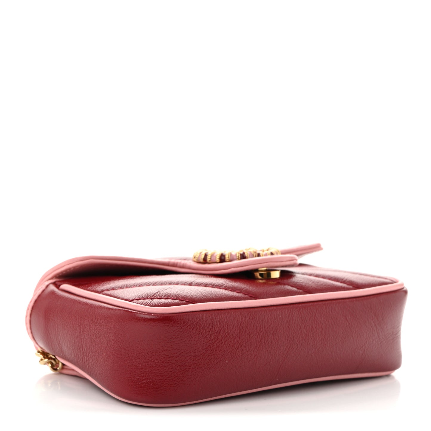 Azalea Calfskin Enamel Matelasse Diagonal Super Mini Torchon GG Marmont Shoulder Bag New Cherry Red Wild Rose