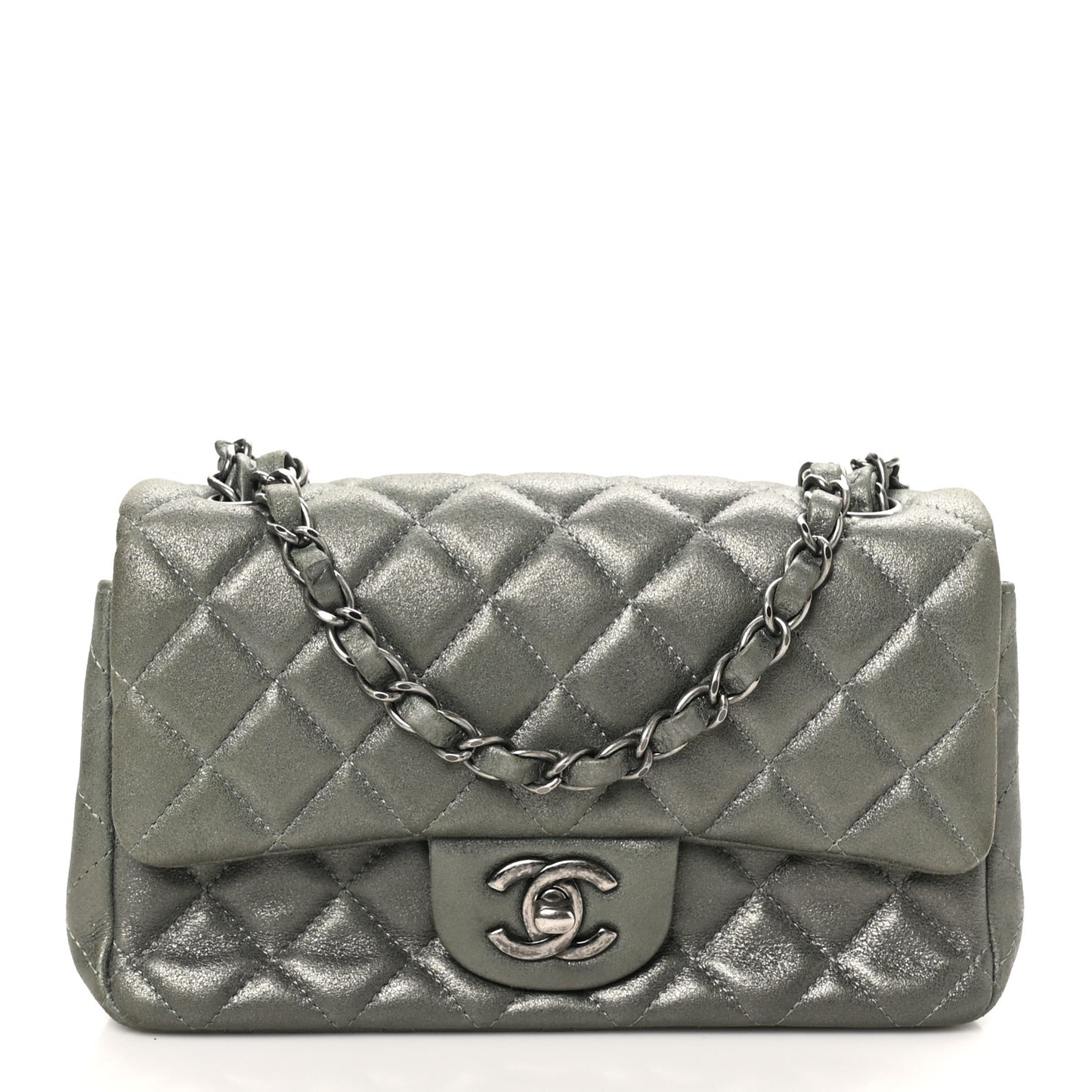 Iridescent Lambskin Quilted Mini Rectangular Flap Khaki