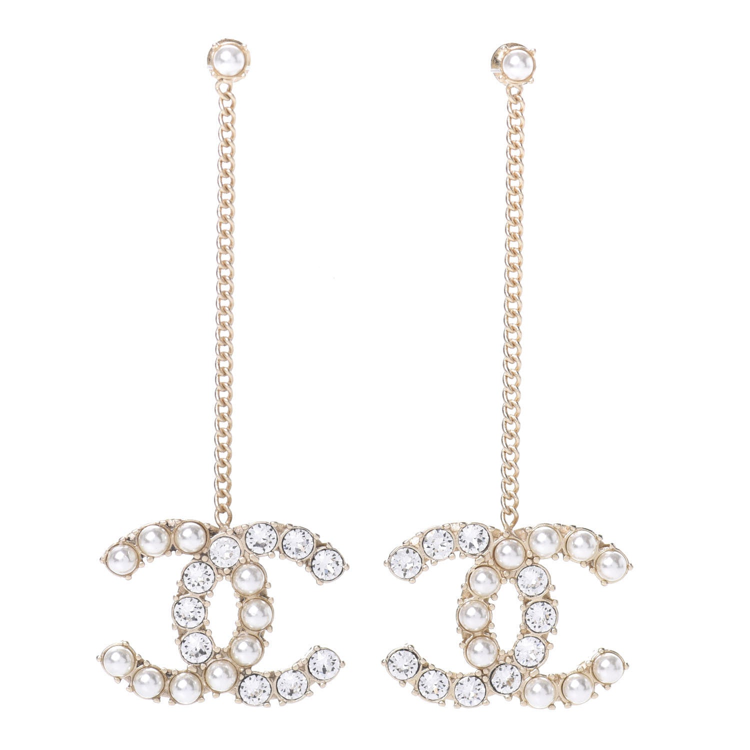 Chanel Crystal Pearl Dazzling Domino Drop Earrings Matte Gold 1 of 4