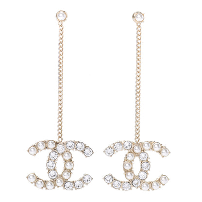Chanel Crystal Pearl Dazzling Domino Drop Earrings Matte Gold 1 of 4