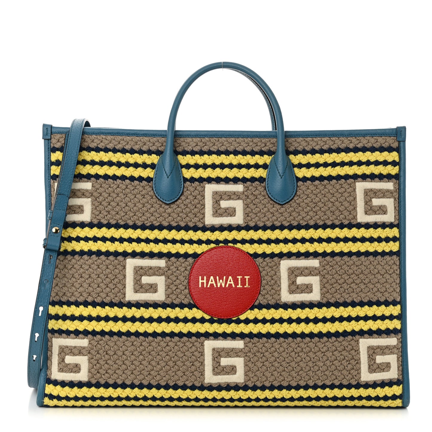 Fabric Embroidered Hawaii Striped Tote Bag Blue