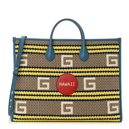 Gucci Fabric Embroidered Hawaii Striped Tote Bag Blue 1 of 10