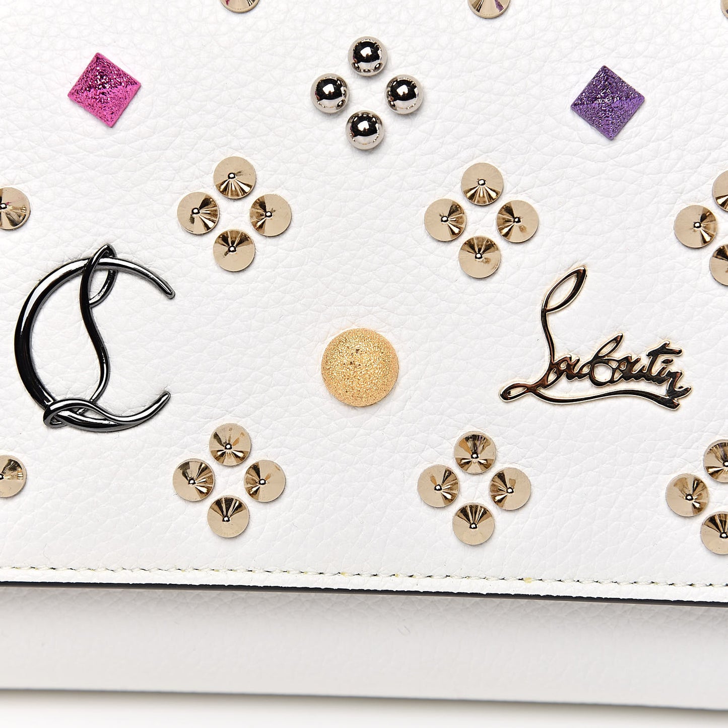 Grained Calfskin Spikes Loubinthesky Paloma Wallet On Chain White