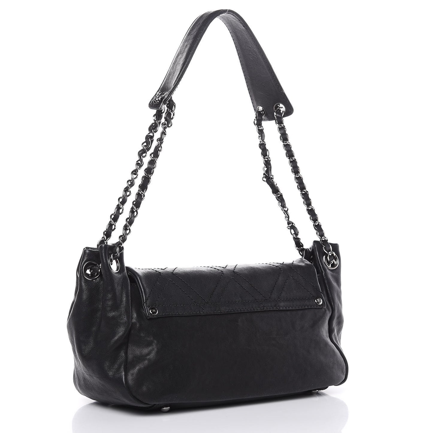 Calfskin Diamond Stitch Accordion Flap Black