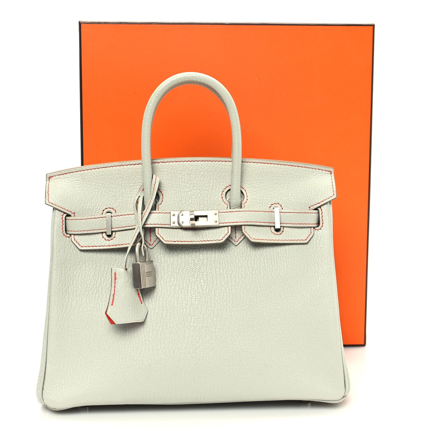Hermes Chevre Mysore Horseshoe Birkin 25 Gris Perle Orange Poppy 12 of 12