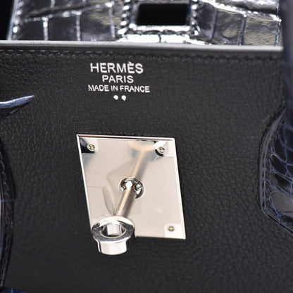Hermes Taurillon Novillo Shiny Niloticus Crocodile Birkin Touch 30 Black Bleu Marine 15 of 29