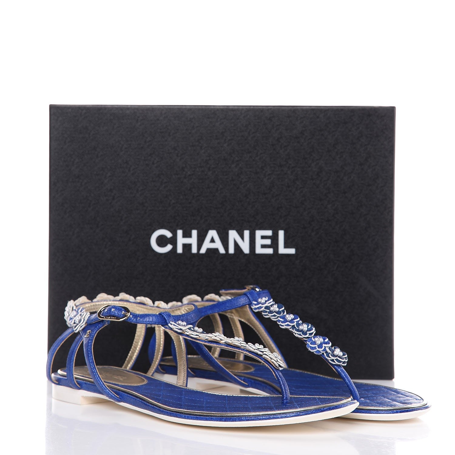 Chanel Goatskin Pearl Camellia Thong Sandals 40 Dark Blue 8 of 8