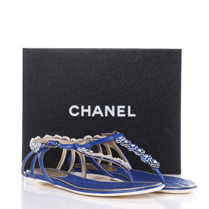 Chanel Goatskin Pearl Camellia Thong Sandals 40 Dark Blue 8 of 8