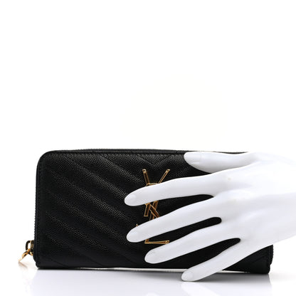 Saint Laurent Grain De Poudre Matelasse Chevron Monogram Zip Around Wallet Black 2 of 7
