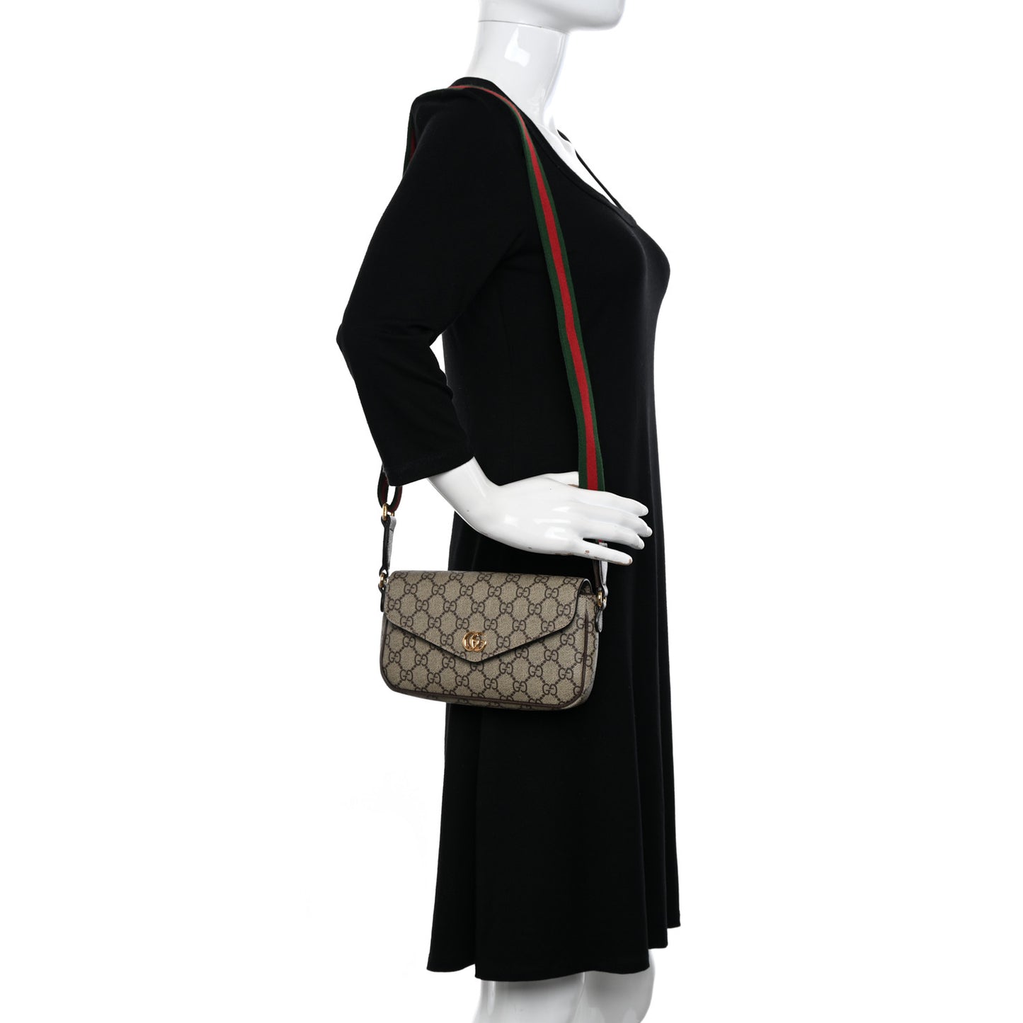 GG Supreme Monogram Textured Dollar Calfskin Web Mini Ophidia Envelope Shoulder Bag Beige Ebony