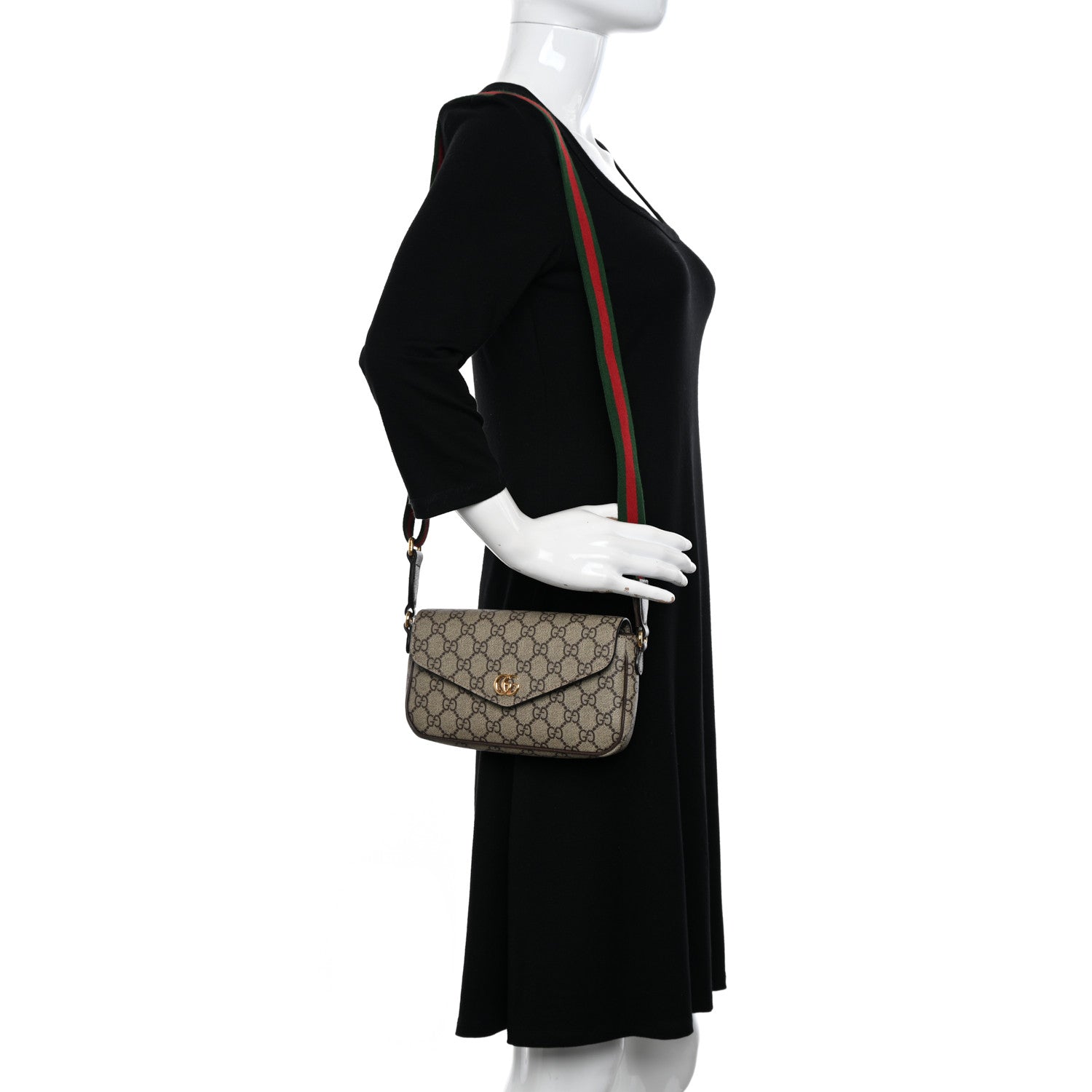 Gucci GG Supreme Monogram Textured Dollar Calfskin Web Mini Ophidia Envelope Shoulder Bag Beige Ebony 2 of 11