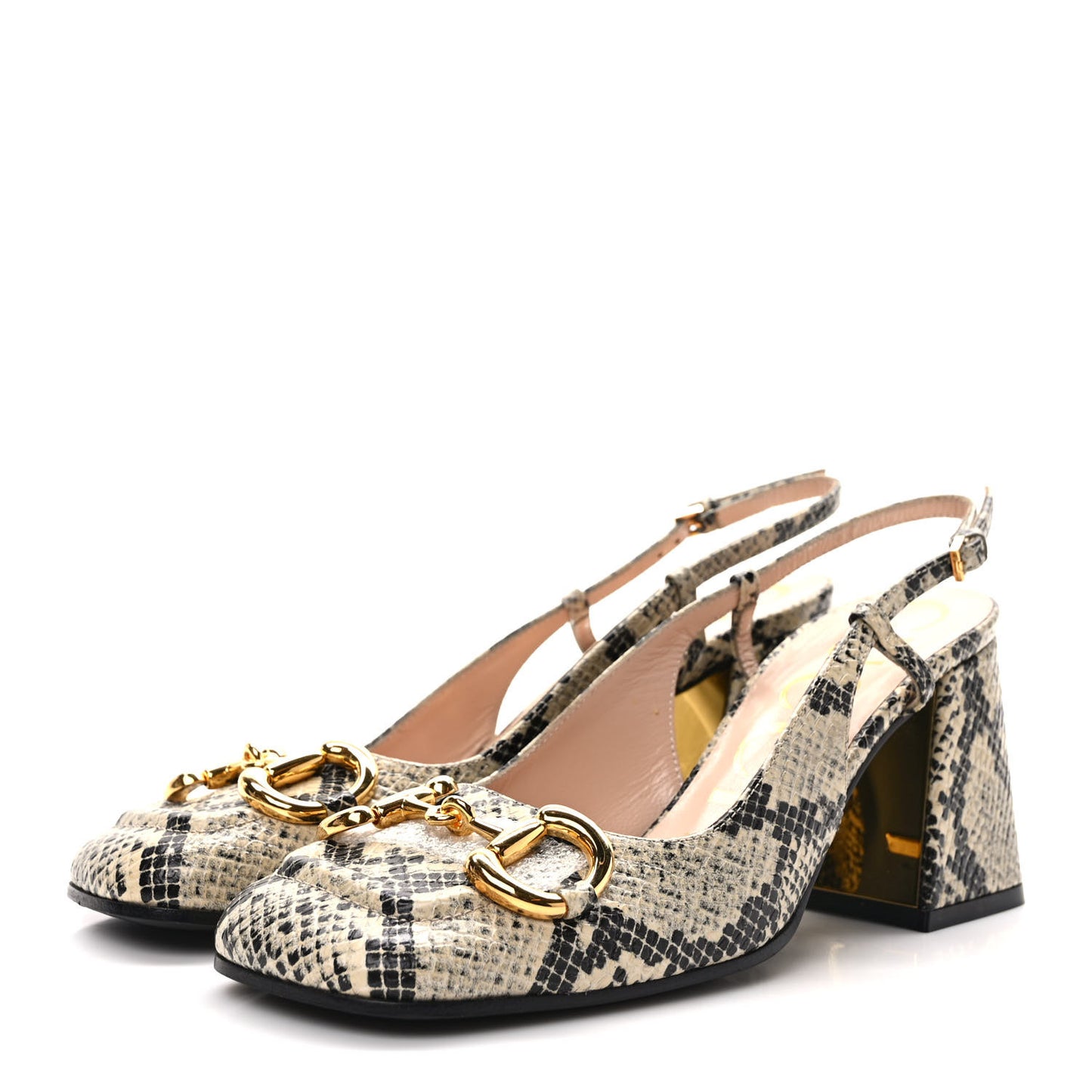 Calfskin Snakeskin Print Horsebit 75mm Slingback Pumps 36 Beige Avana