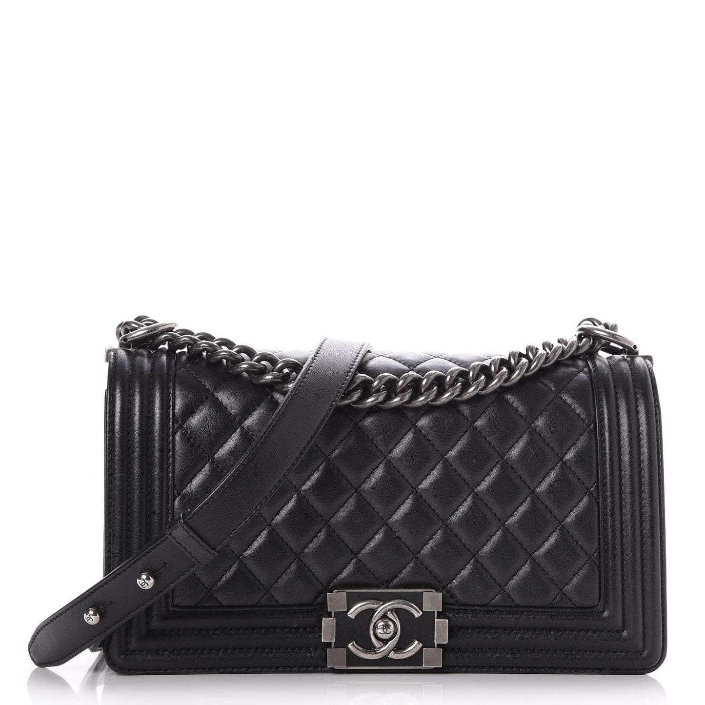 Metallic Calfskin Quilted Medium Boy Flap Black
