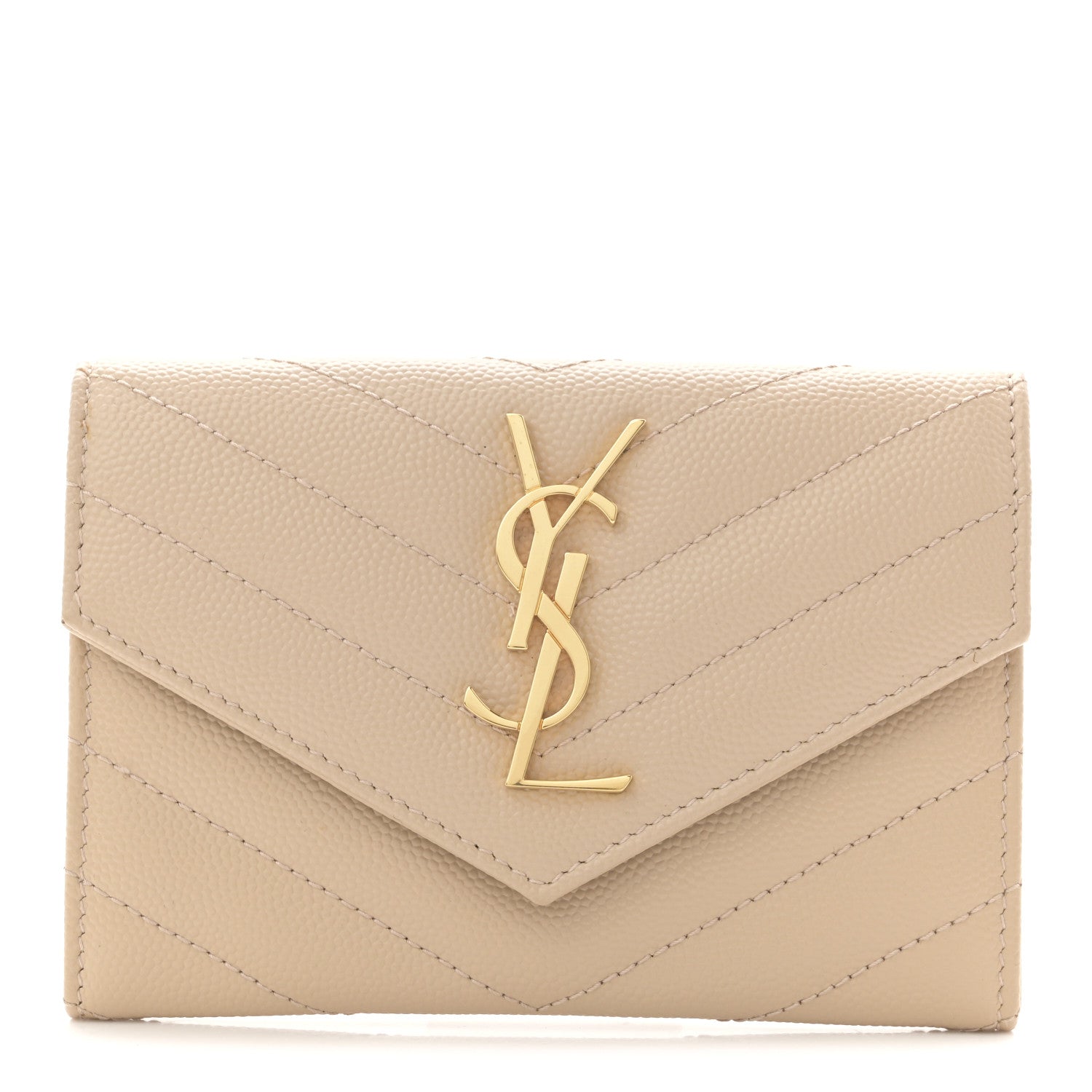 Saint Laurent Grain De Poudre Matelasse Chevron Small Monogram Envelope Wallet Dark Beige 1 of 9