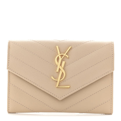 Saint Laurent Grain De Poudre Matelasse Chevron Small Monogram Envelope Wallet Dark Beige 1 of 9