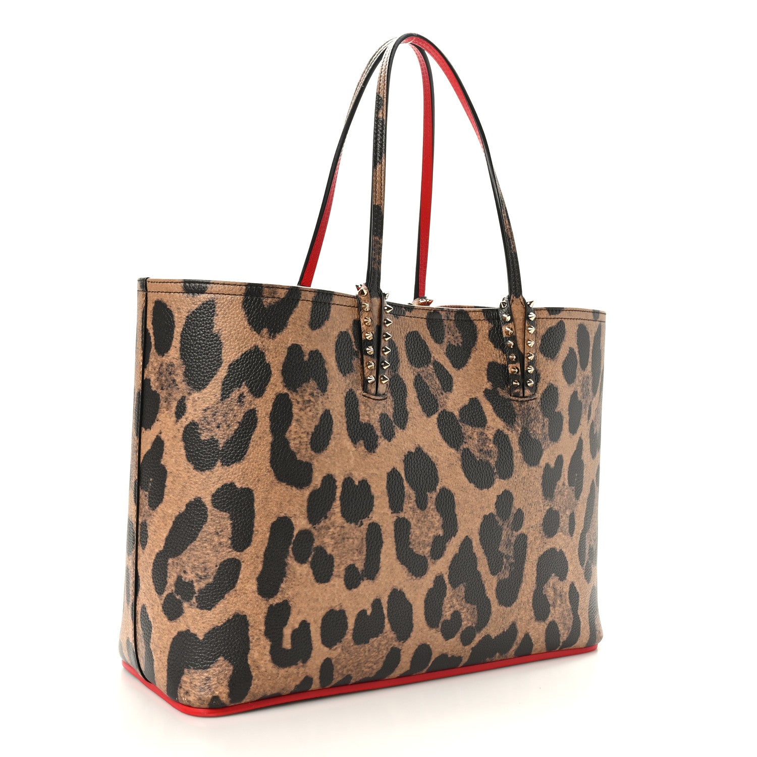 Christian Louboutin Calfskin Leopard Print Spikes East West Cabata Tote Brown 4 of 10