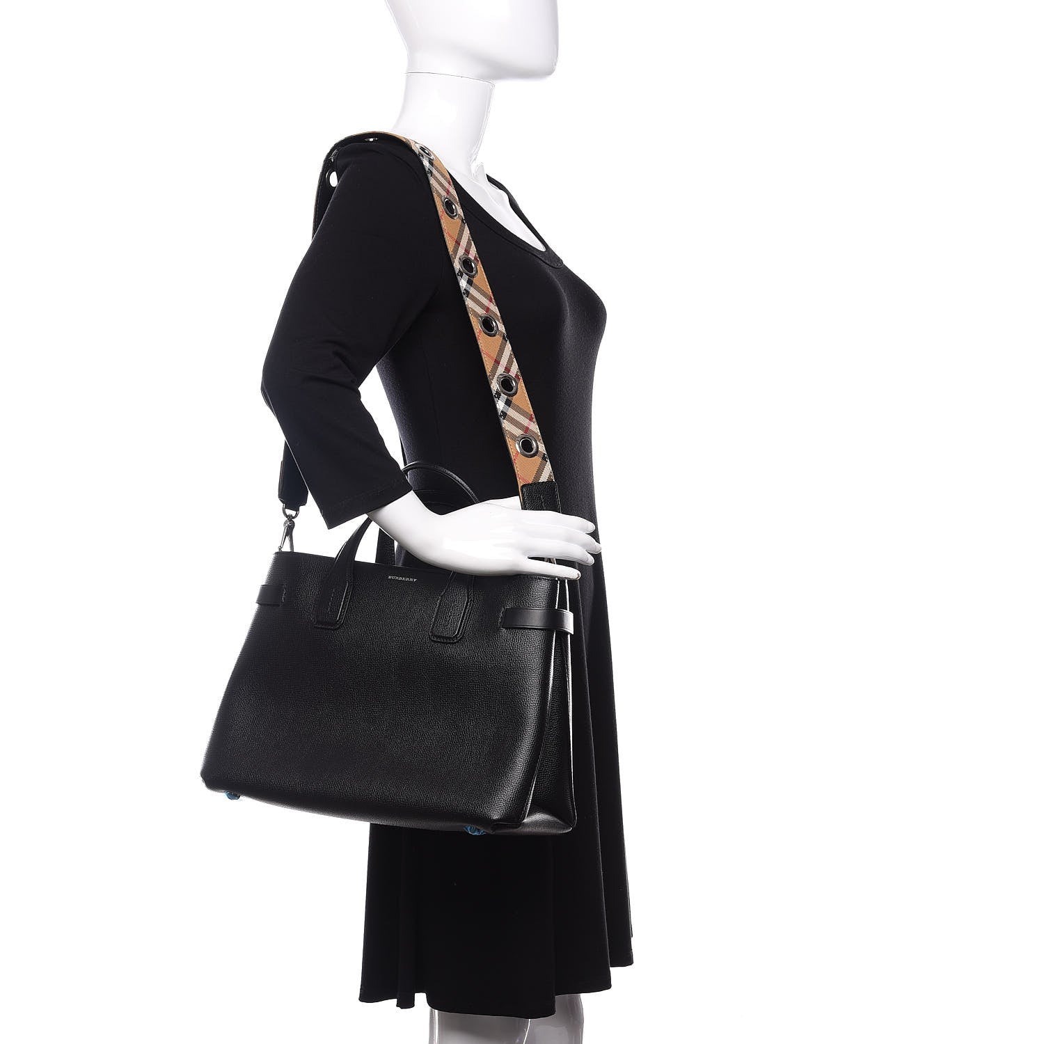 Burberry Grainy Calfskin House Check Medium Banner Tote Black 2 of 11