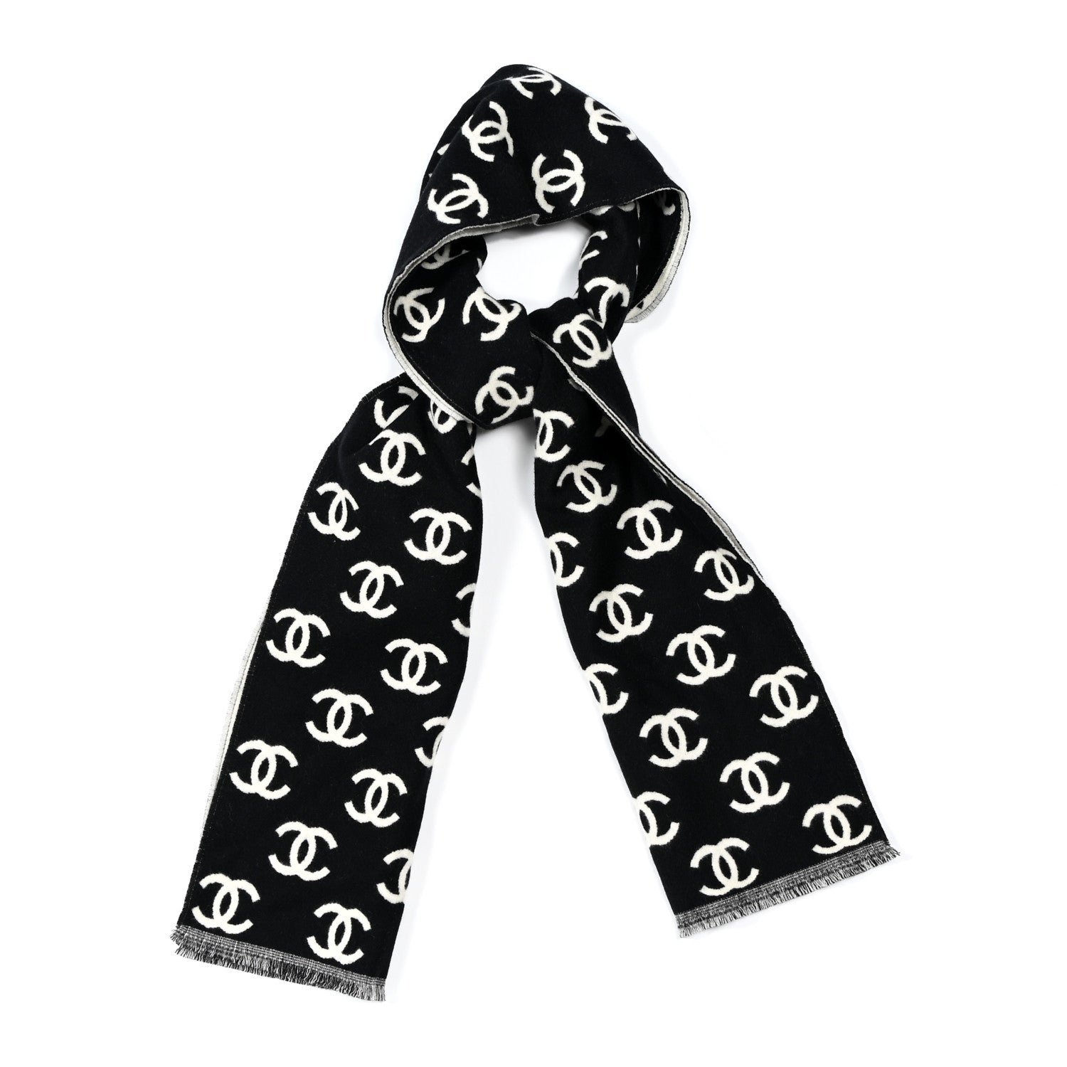 Chanel Wool Cashmere CC Scarf Black White 1 of 3