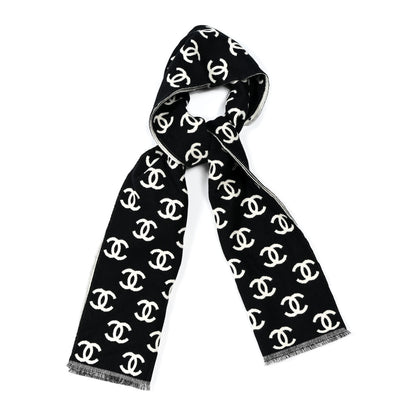 Chanel Wool Cashmere CC Scarf Black White 1 of 3