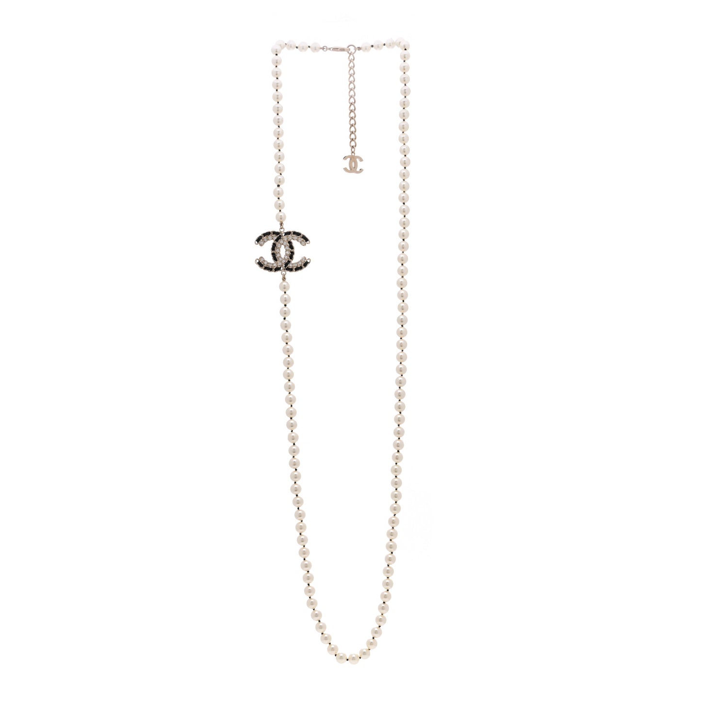 Pearl Crystal Lambskin CC Long Necklace Gold Black