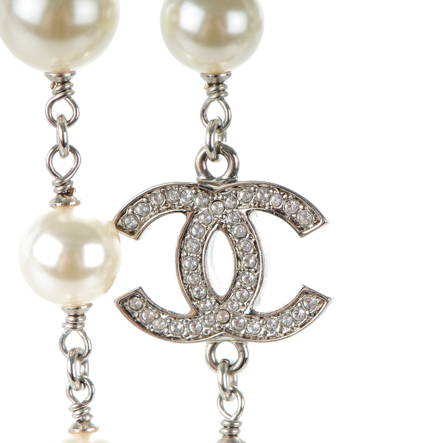 Crystal Pearl CC Long Necklace Silver