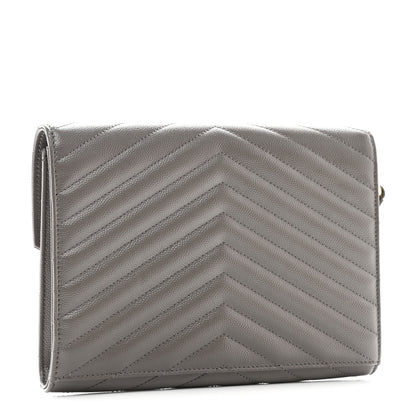 Saint Laurent Grain De Poudre Matelasse Chevron Monogram Envelope Clutch Fog 3 of 8