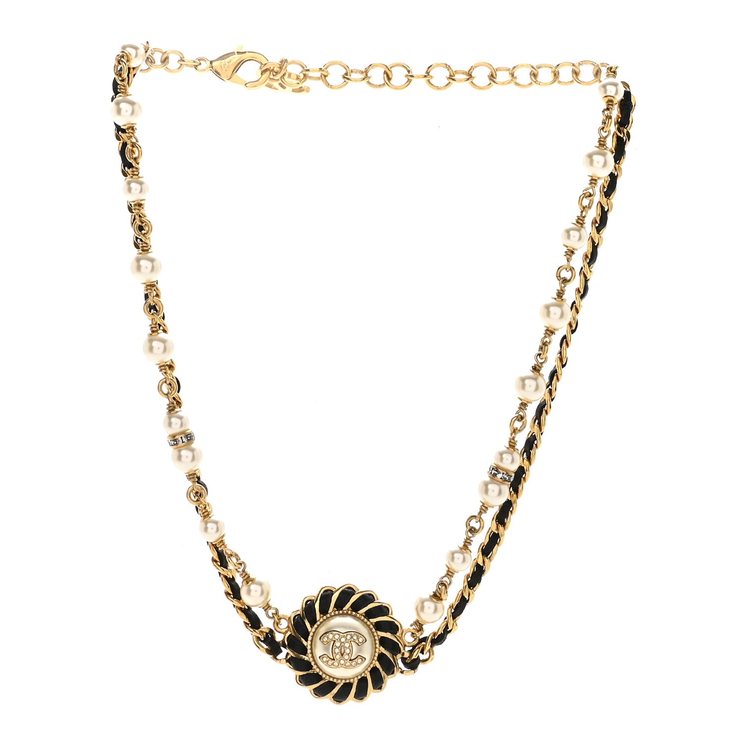 Chanel Lambskin Pearl Crystal CC Short Double Strand Necklace Gold White Black 3 of 7