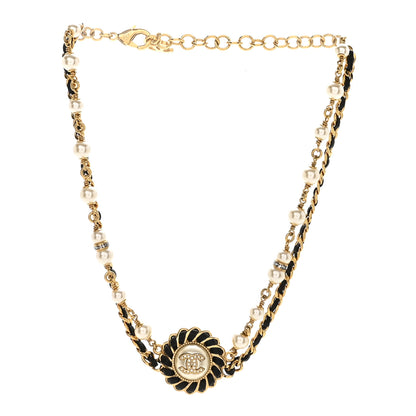 Chanel Lambskin Pearl Crystal CC Short Double Strand Necklace Gold White Black 3 of 7
