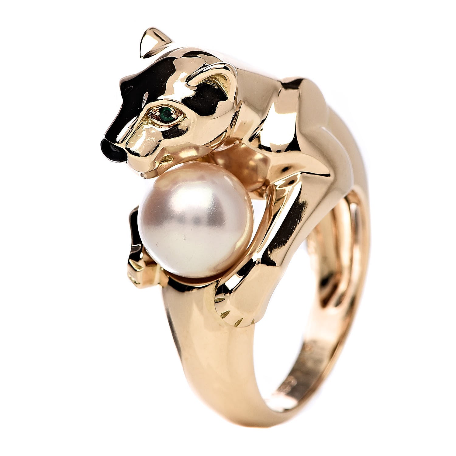 Cartier 18K Yellow Gold Pearl Black Onyx Emerald Panthere De Ring 51 5.75 1 of 4