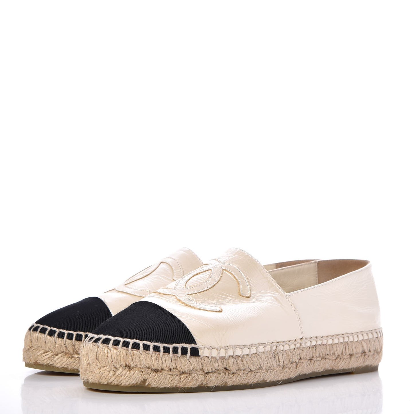 Metallic Calfskin Grosgrain CC Espadrilles 39 Ivory Black