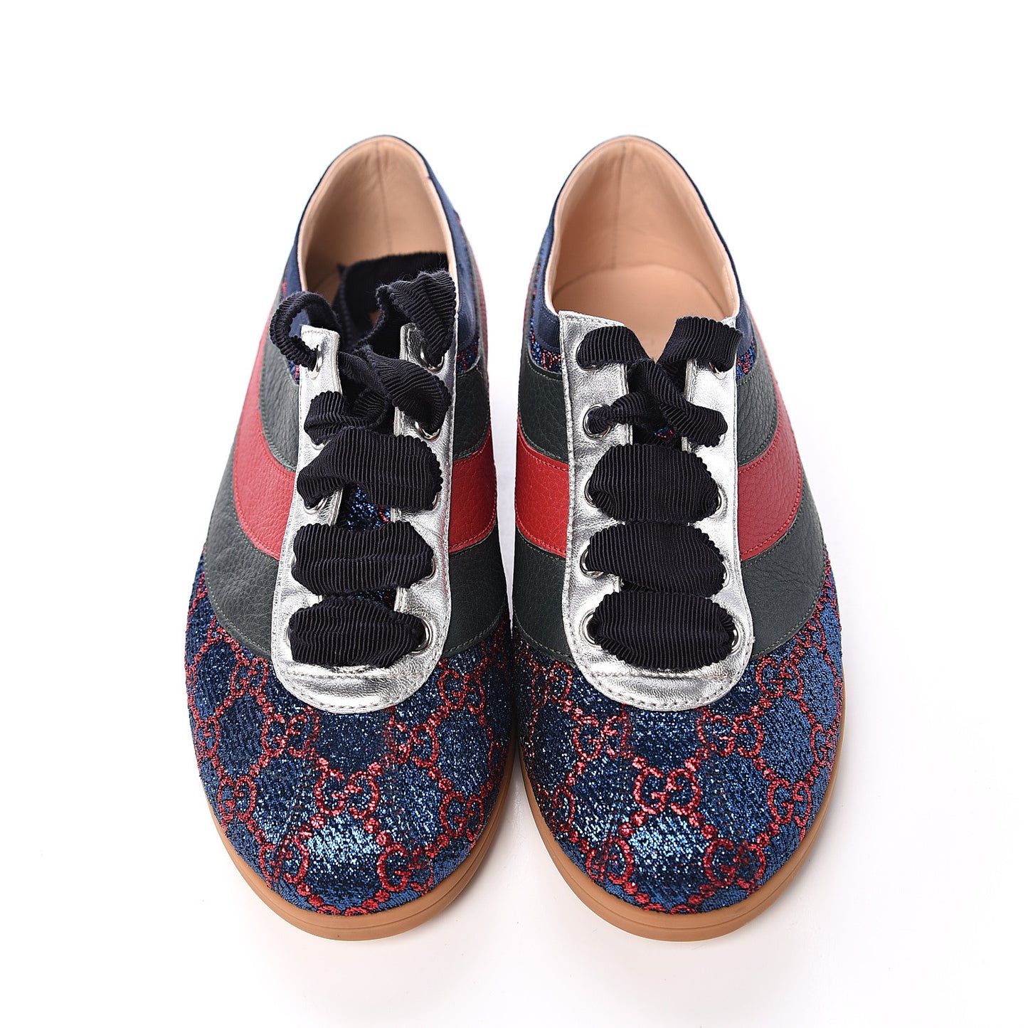 Lurex Calfskin Web GG Monogram Womens Falacer Sneakers 37.5 Iridescent Blue Iridescent Red Silver