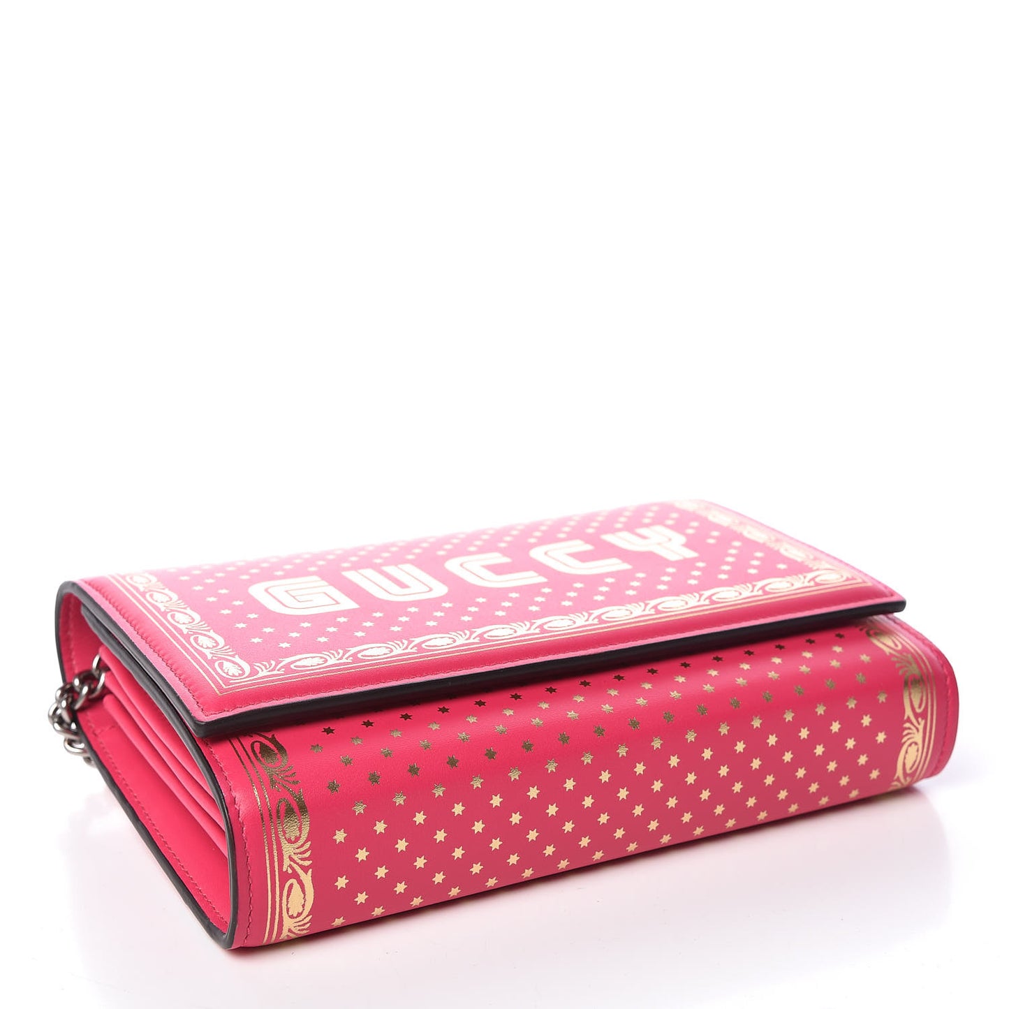 X SEGA Calfskin GUCCY Stars Chain Wallet Violet Fuxia Gold