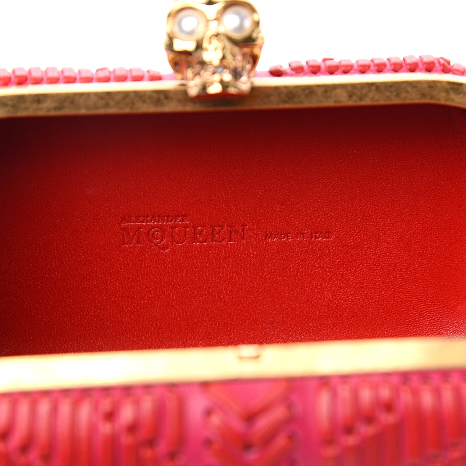 Alexander McQueen Calfskin Woven Britannia Skull Box Clutch Red Pink 5 of 7