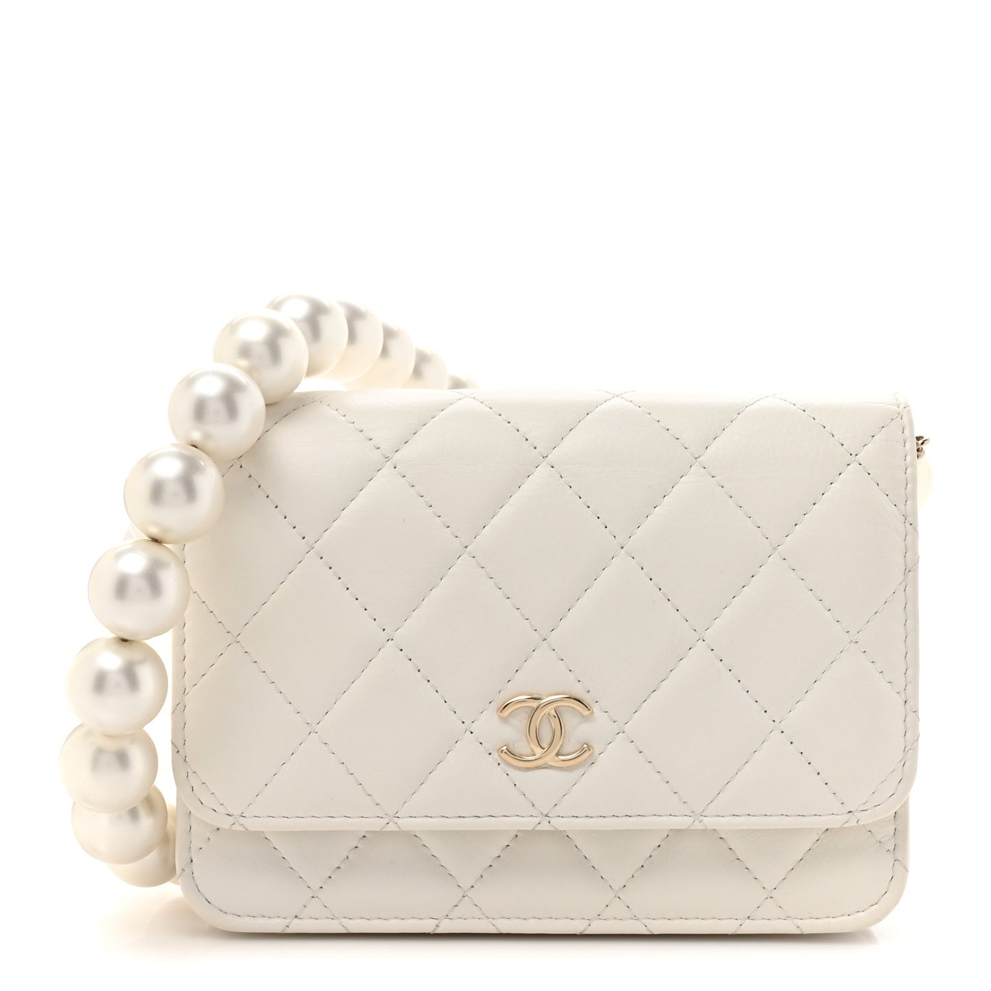 Calfskin Quilted Mini Maxi Pearls Wallet On Chain WOC White