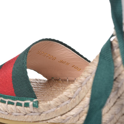 Gucci Canvas Malaga Kid Web Ankle Wrap Espadrille Wedge Sandals 36.5 Green Red Mystic White Emerald 10 of 13
