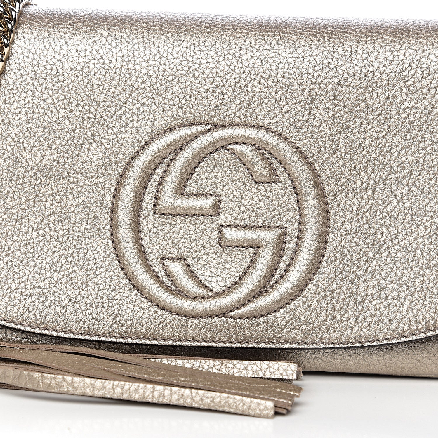 Gucci Metallic Pebbled Calfskin Medium Soho Flap Crossbody Golden Beige 9 of 9