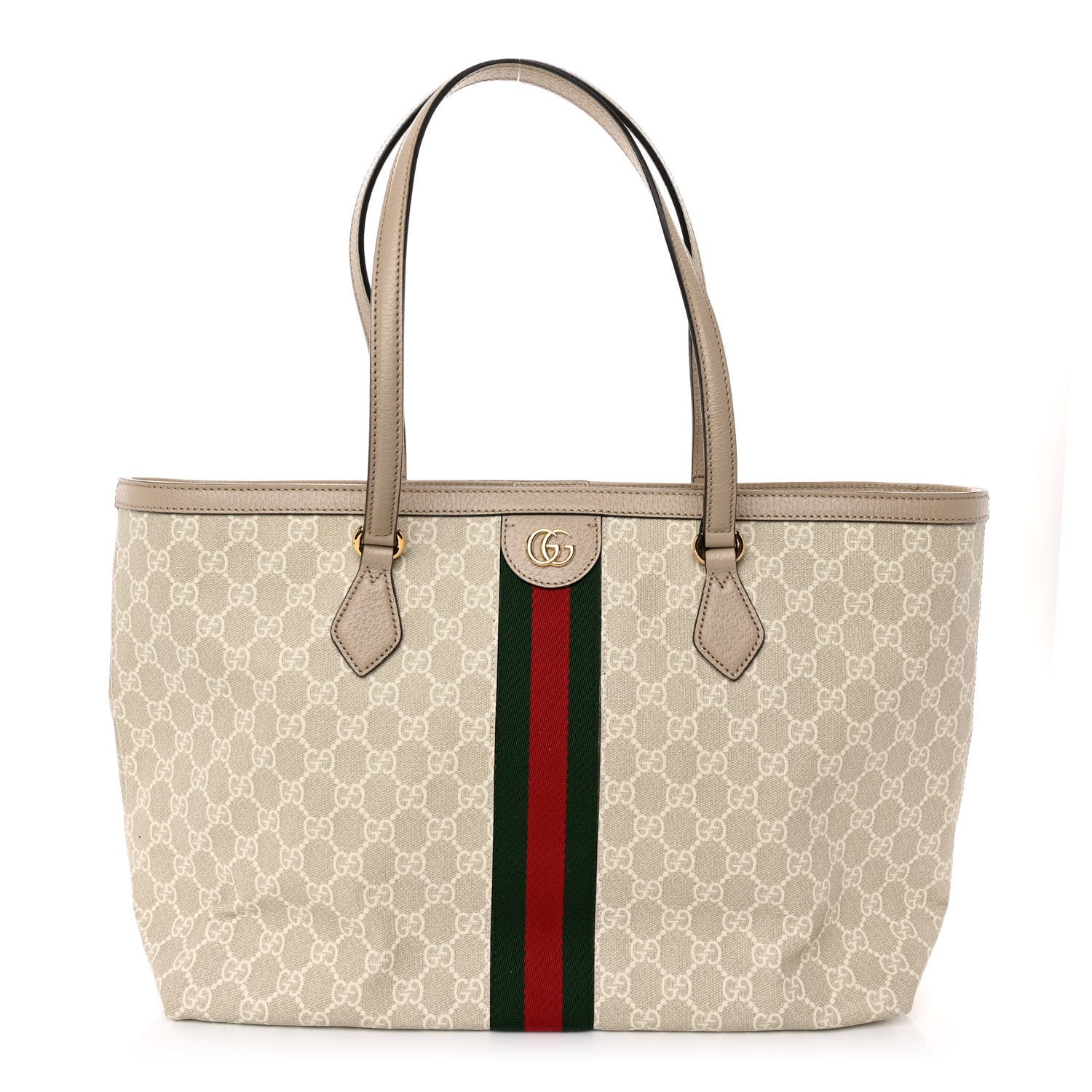 Gucci GG Supreme Monogram Textured Dollar Calfskin Web Medium Ophidia Shopping Tote Beige Mystic White Oatmeal 1 of 9